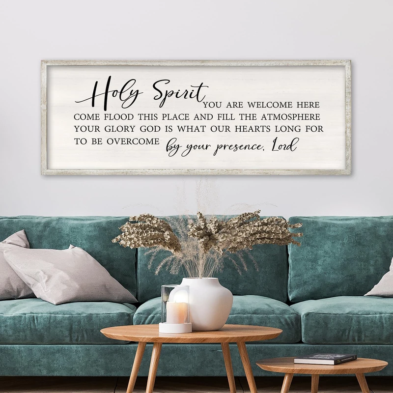 RLWangChao Christian Inspirational Wall Decor Holy Spirit You are Welcome Here Sign 40×15 Inch Bible Verse Plaque Religious Scripture Quote for Living Room Large Wood Framed Wall Hanging (White)