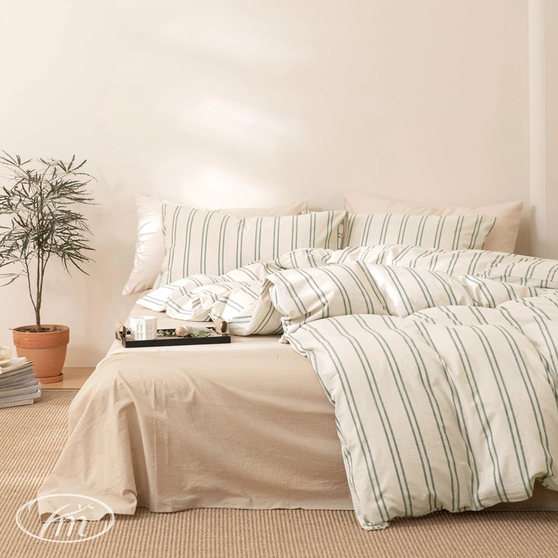 VM VOUGEMARKET Teen Boys Duvet Cover Set Twin,Greyish-Green Stripes Duvet Cover with 2 Pillowcases,Modern Cozy Washed Cotton Comforter Cover with Zipper Closure & Corner Ties 68"x90"(3pcs,Twin XL)