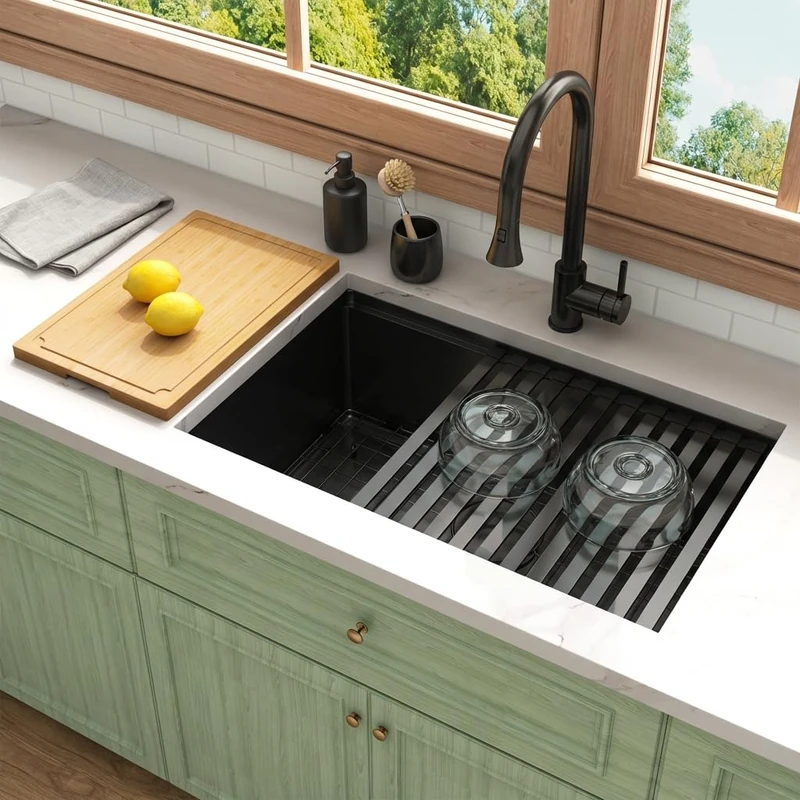 LQS Undermount Kitchen Sink, 16 Gauage Stainless Steel Material, Handemade Single Bowl, Deep and Large Kitchen Sink, Workstation Ledge with Abundant Kitchen Accessories, 28" x 18" x 10", Black Color