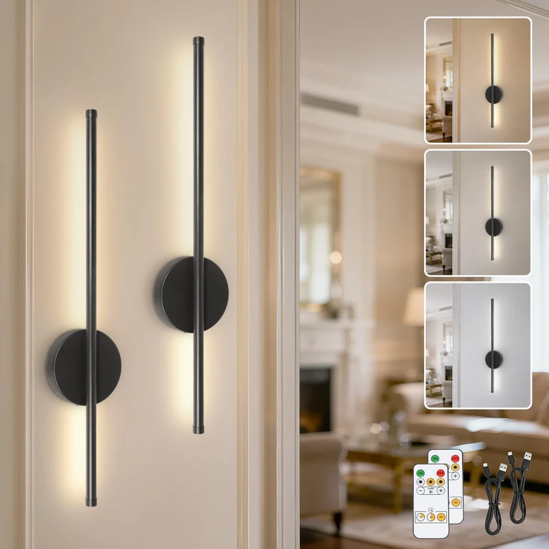 TaoFiaCo Black Rechargeable Wall Lights with Remote Control - 60CM Modern Battery Operated Wall Lights Indoor for Living Room Bedroom - 3 Color Temperatures Wireless Wall Sconces 2 Pack