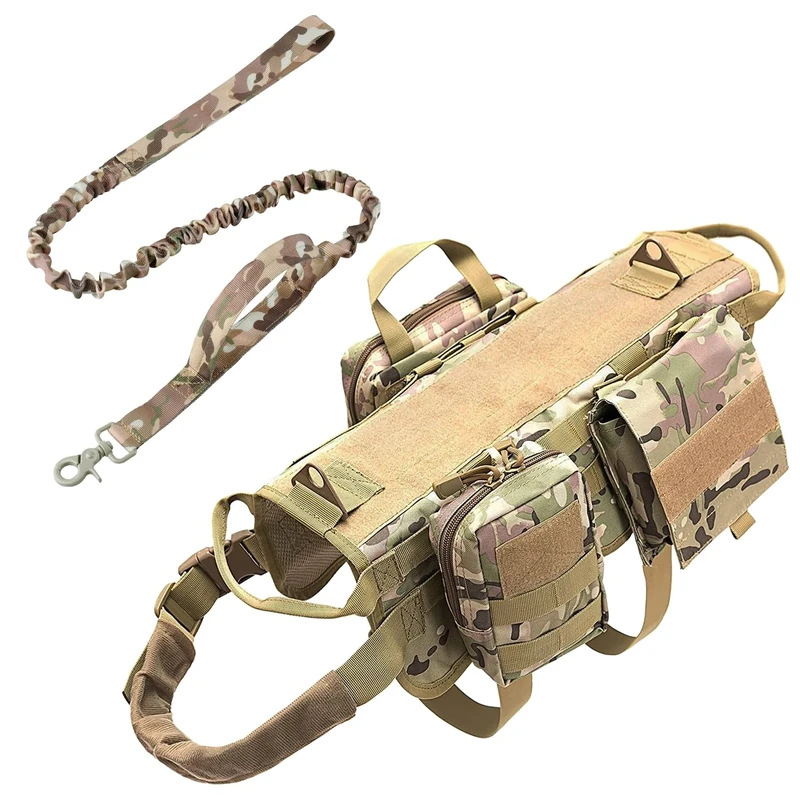 AIWAI Tactical Dog Harness with Pouches,Dog Vest Harness for Large Medium Dogs No-Pull Adjustable Military Dog Harness with Handle Walking Hiking Training (Camouflage(Leash), XL)