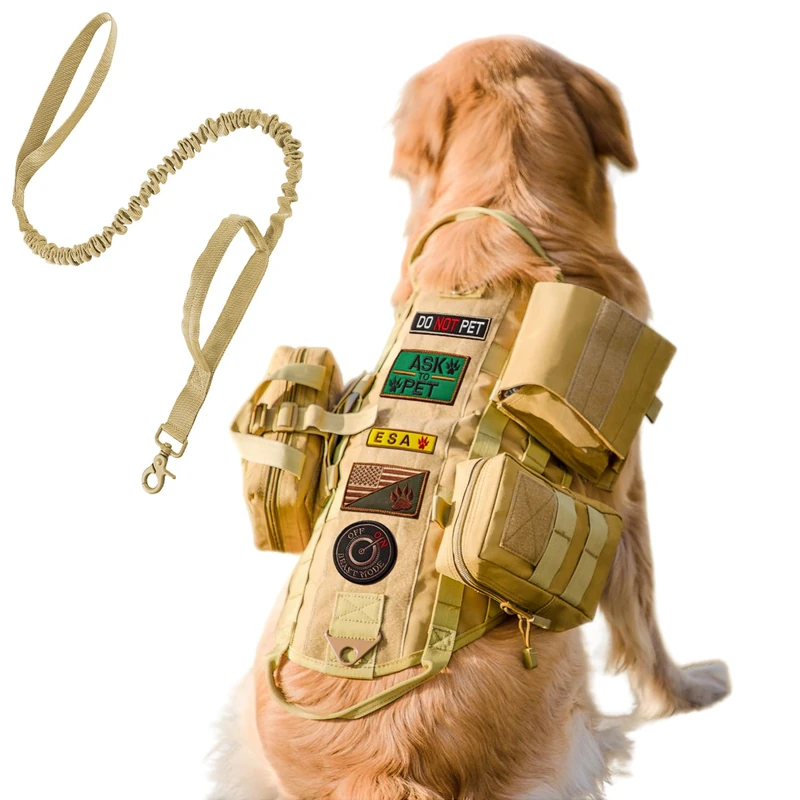 AIWAI Tactical Dog Harness with Pouches,Dog Vest Harness for Large Medium Dogs No-Pull Adjustable Military Dog Harness with Handle Walking Hiking Training (Khaki(with Leash), XL) - Image 1