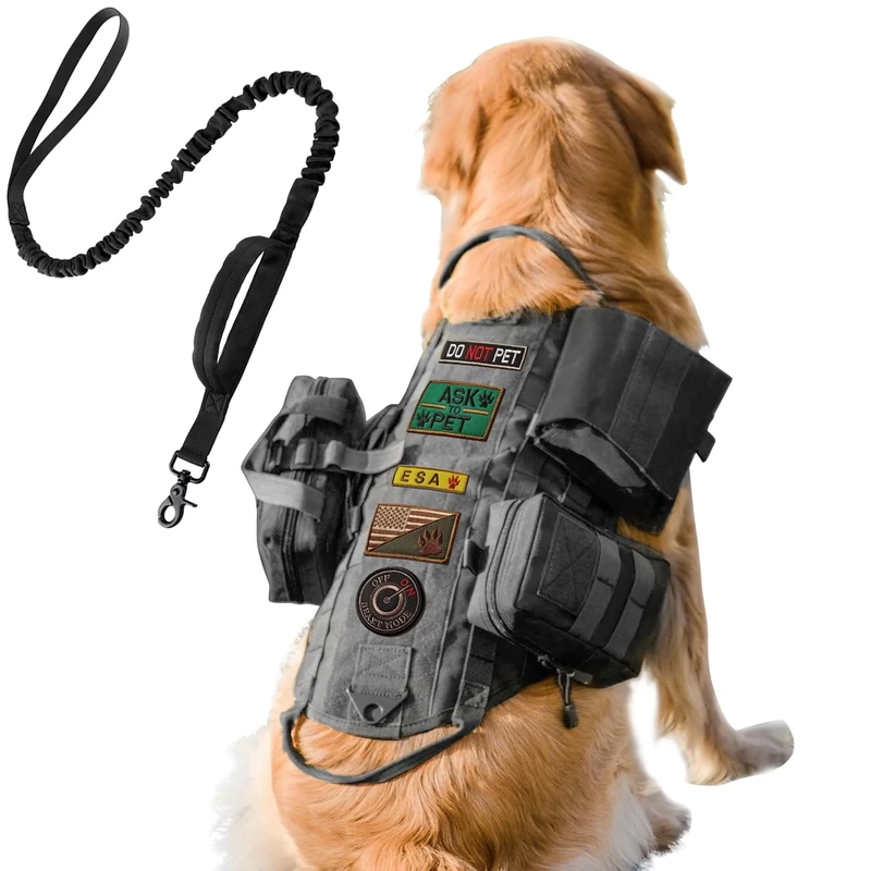 AIWAI Tactical Dog Harness with Pouches,Dog Vest Harness for Large Medium Dogs No-Pull Adjustable Military Dog Harness with Handle Walking Hiking Training (Black(with Leash), L)