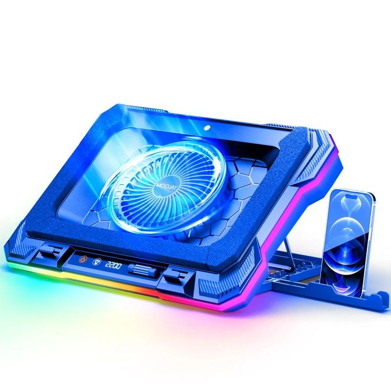 Laptop Cooling Pad Powerful Turbo Fan RGB Gaming Notebook Cooler, Moojay Laptop Fan Cooling Stand with 8 Adjustable Heights and Phone Holder, for 14-19 Inch Laptops - Blue LED Light
