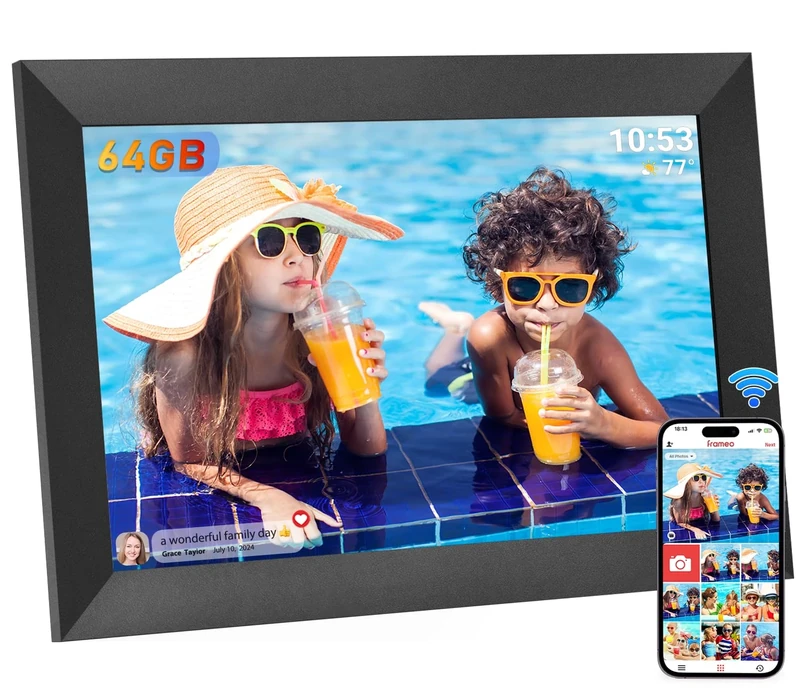 Hesmor 64GB Frameo Digital Photo Frame WiFi 10.1 Inch, 1280x800 IPS LCD Touchscreen, Auto-Rotate and Audio, Quick and Easy Share Photos or Videos via the Frameo App, Electronic Photo Frame Black