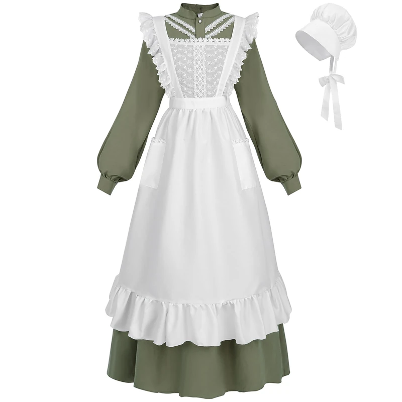 FCCAM Pioneer Colonial Costume for Women Floral Prairie Dress American Historical Modest Civil War Dress, Seagrass Green, XX-Large