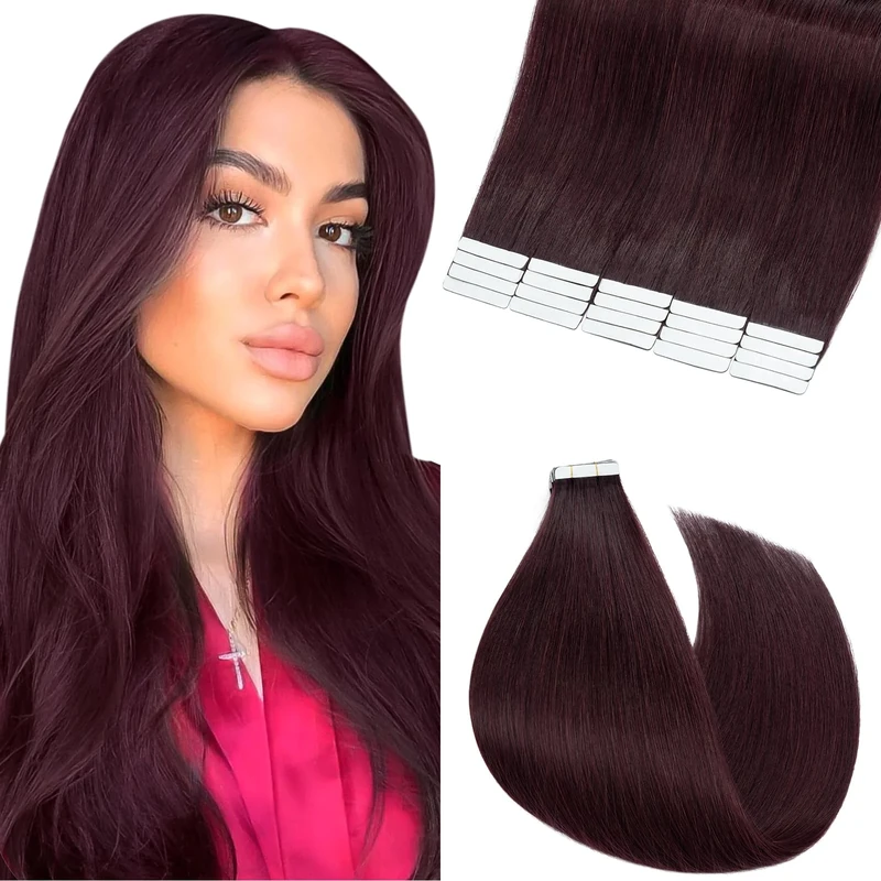 Elailite Tape in Hair Extensions Real Human Hair 20 Pcs - Invisible Skin Weft Real Remy Hair Extension Straight (#99J Wine Red, 20 Inch-50g)