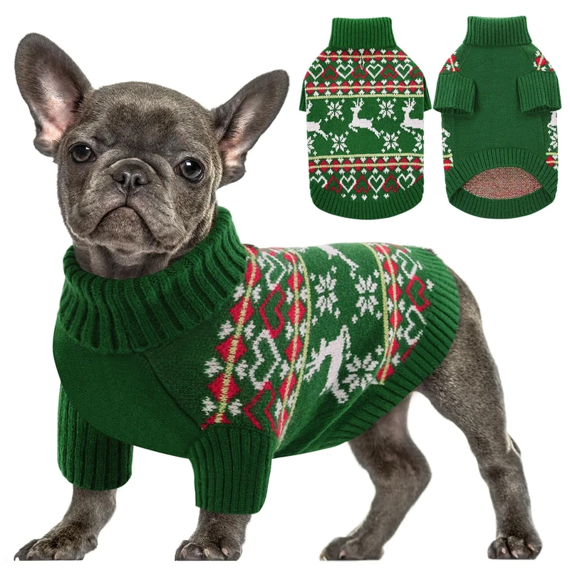 Queenmore Dog Christmas Sweater, Knitted Pullover Dog Clothes - Turtleneck Xmas Outfit - Warm Dog Sweater for Small Dogs (Boy/Girl) - M