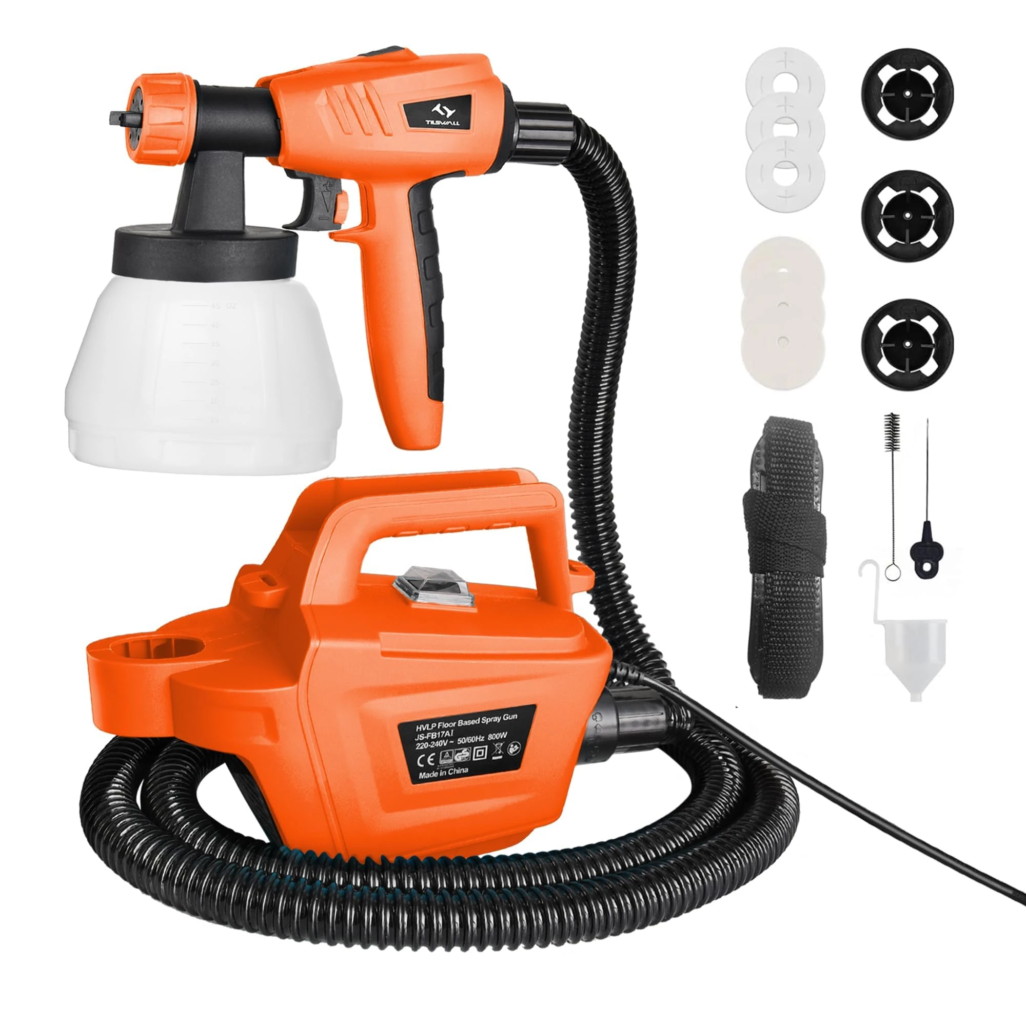 Fence Paint Sprayer Tilswall Pro 800W, Electric HVLP Paint Spray Gun with 3 Nozzle Sizes, 3 Spray Patterns, and 1300ML Detachable Container for Fences, Sheds, Decking, Garden Furniture (Orange)