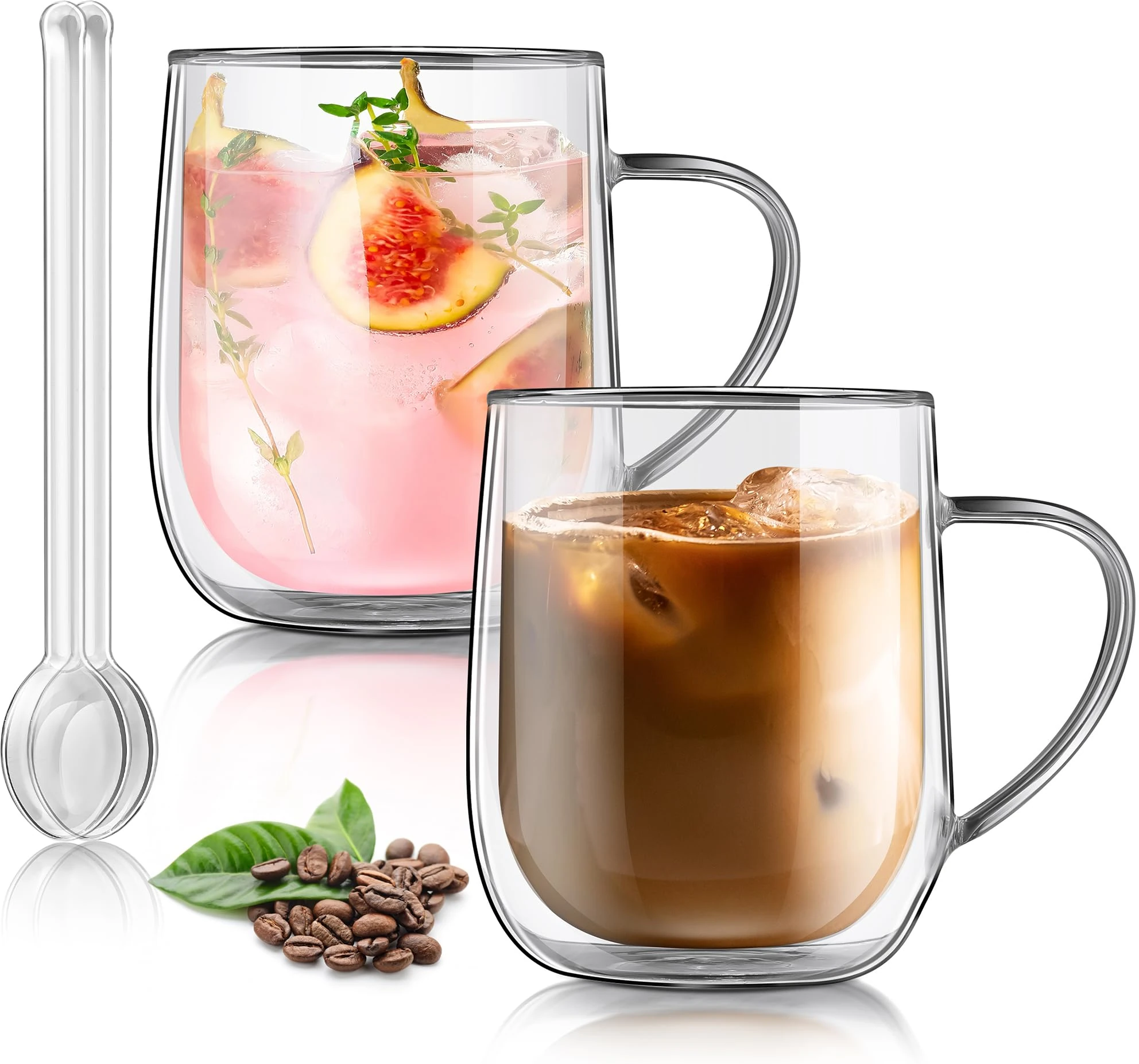 Joeyan Large Clear 450ml Double Walled Glass Coffee Latte Cappuccino Tea Mugs, 2 Layer Insulated Cup for Hot Cold Drinks, Thermal Drinking Glasses with Handle for Mulled Wine Beer Chocolate, Set of 2