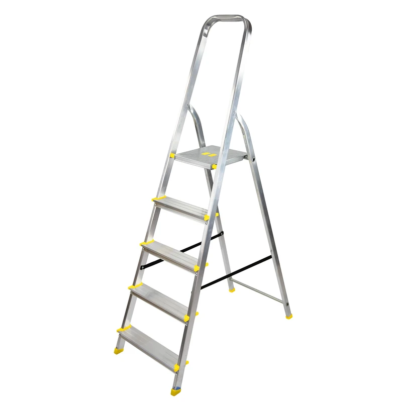 Bayersystem BS-DA5 120 Step Ladder with 5 Steps, Aluminium Ladder, Maximum Working Height 2.99 m, Folding Step Ladder with Handrail, Non-Slip Feet, Folding Step for Household, Silver/Yellow