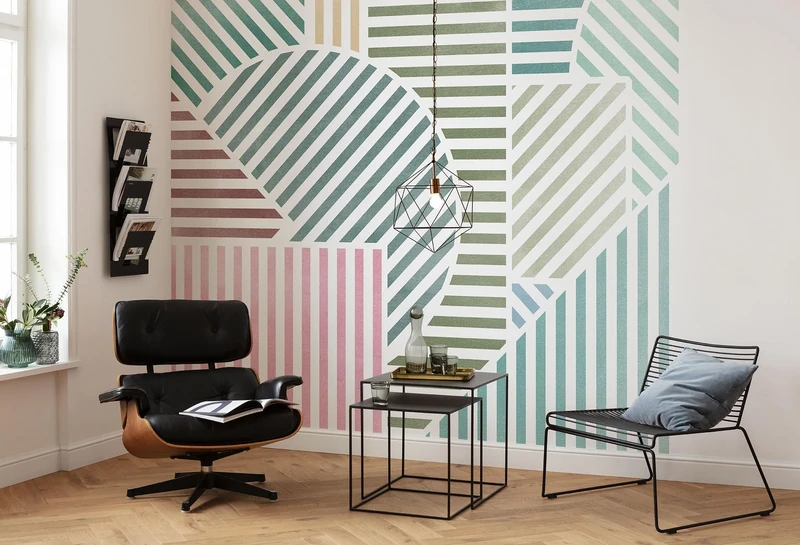 Komar Non-Woven Photo Wallpaper - Jeux de Lignes Bonbon - Size 300 x 250 cm - Wallpaper, Wall Decoration, Living Room