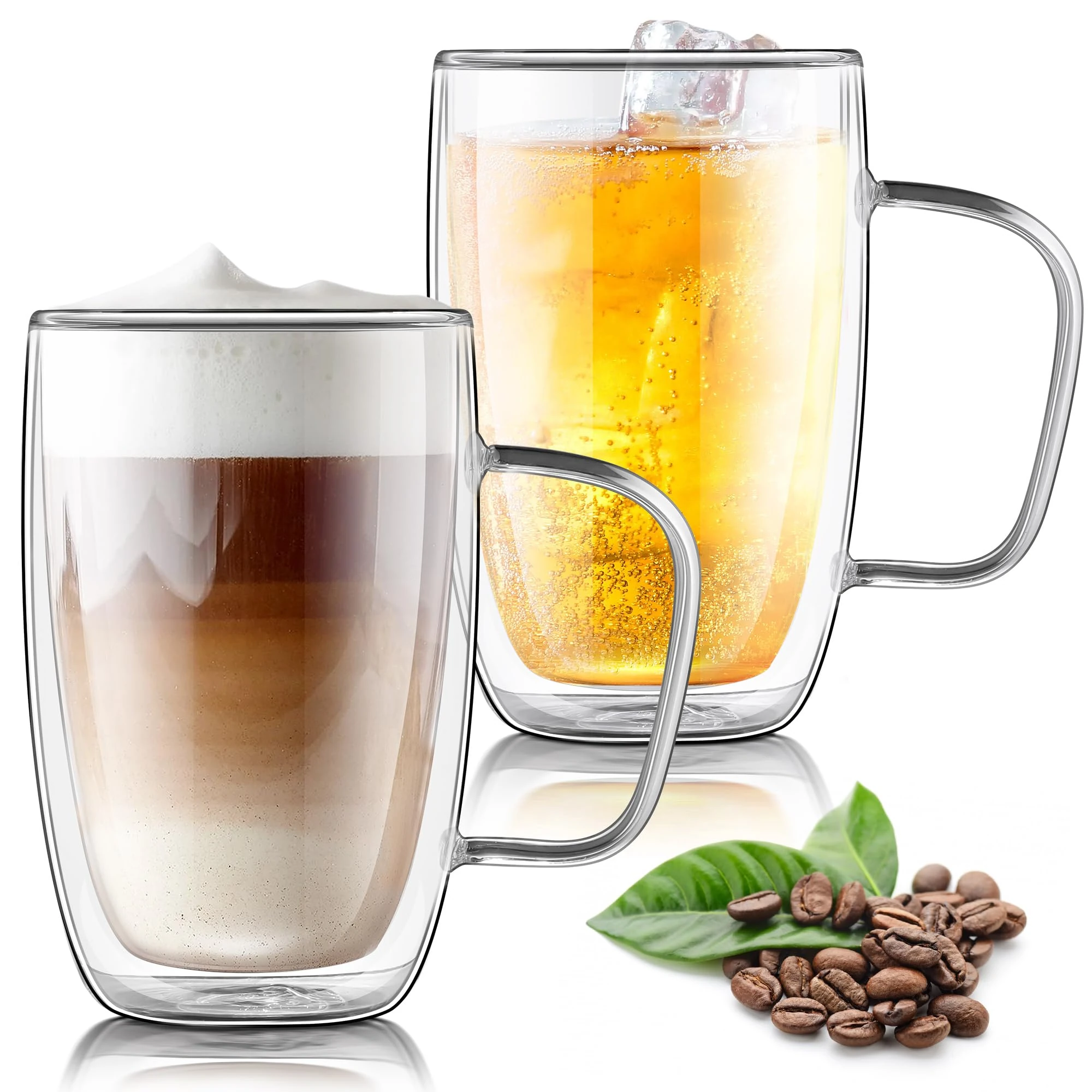 Joeyan Large Clear 500ml Double Walled Glass Coffee Latte Cappuccino Tea Mugs, 2 Layer Insulated Cup for Hot Cold Drinks, Thermal Drinking Glasses with Handle for Mulled Wine Beer Chocolate, Set of 2