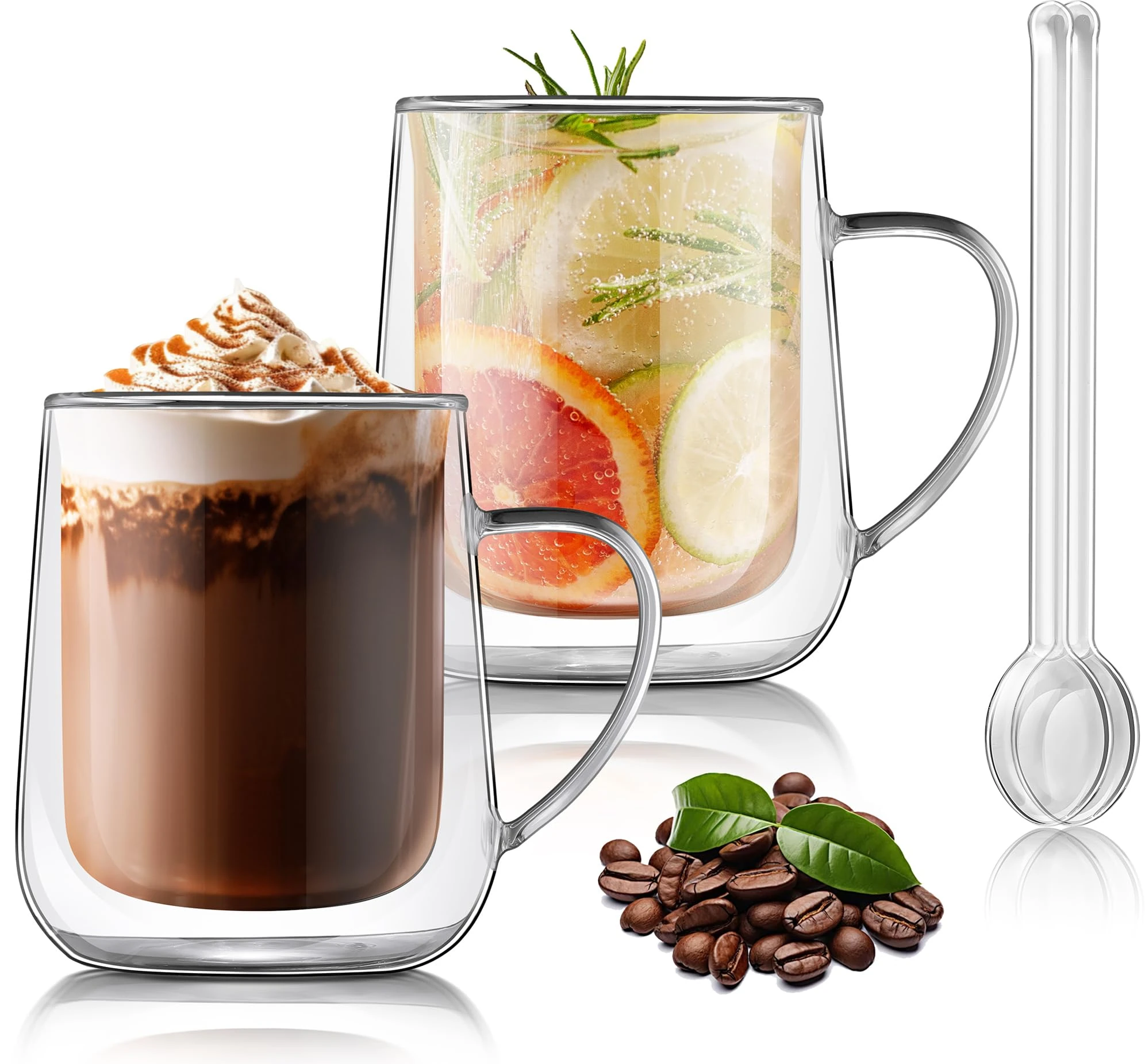 Joeyan 400ml Clear Double Walled Glass Coffee Latte Cappuccino Macchiato Tea Mugs, Insulated Thermal Glasses for Hot and Cold Drinks, 2 Layer Drinking Cups for Mulled Wine Beer Chocolate, Set of 2