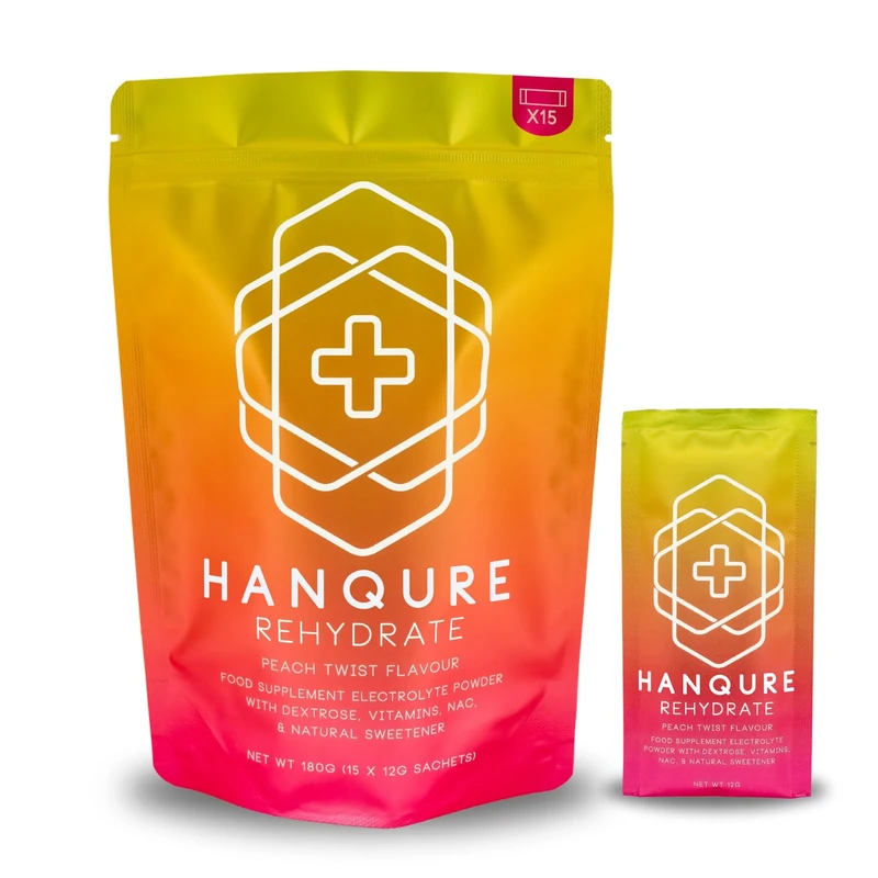 Hydration Sachets with Electrolytes for Rehydration & Fast Recovery by Hanqure. Contains 15 Single Serving Sachets for Rapid Rehydration. (15 Servings, Peach Twist)