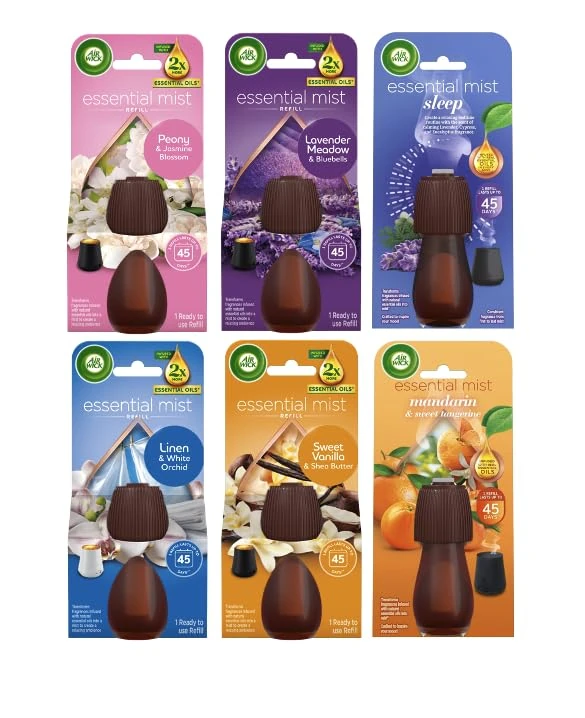 Air Wick Essential Mist Refills, Peony & Jasmine, Lavender, Sleep, Linen & Petals, Sweet Vanilla & Shea Butter, Mandarin & Sweet Orange, Pack 6 x 20ml, (6 different scents - 1 of each)