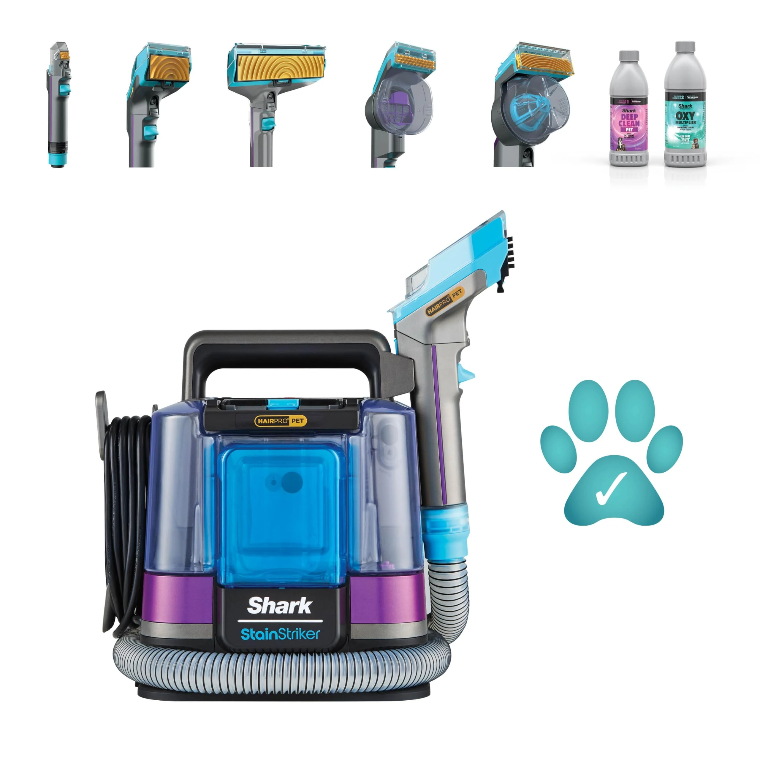 Shark StainStriker HairPro Pet Spot Cleaner, Carpet & Upholstory Cleaner, Anti-Clog Pet Hair Extractor, Removes Tough Stains & Odour, Lightweight, Portable, Inc. 4 Tools & 2 Cleaning Formulas PX250UKT