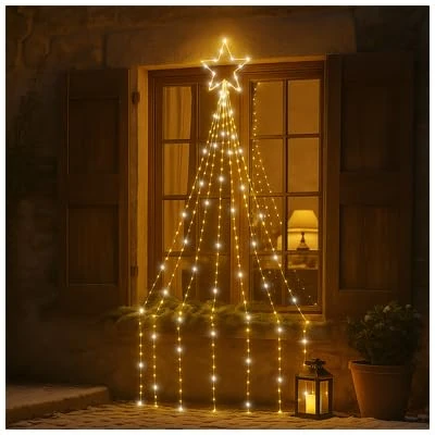 Xmas Haus Waterfall 2D Christmas Tree with Warm White LEDs, Star Top, Twinkle, Timer, 10m Lead, Indoor, Outdoor, For Festive Christmas Decoration Lighting, Garden Decor, Home, Shop Window Display 2.4m
