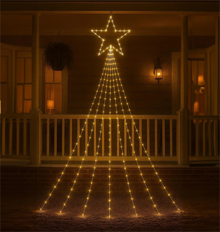 Xmas Haus Waterfall 2D Christmas Tree with Warm White LEDs, Star Top, Twinkle, Timer, 10m Lead, Indoor, Outdoor, For Festive Christmas Decoration Lighting, Garden Decor, Home, Shop Window Display 3.5m