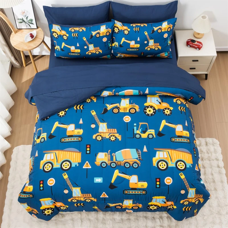 NTBED 5 Pieces Construction Truck Full Comforter Set for Boys Kids Bed in a Bag Vehicles Excavator Lightweight Microfiber Bedding Sets,Blue