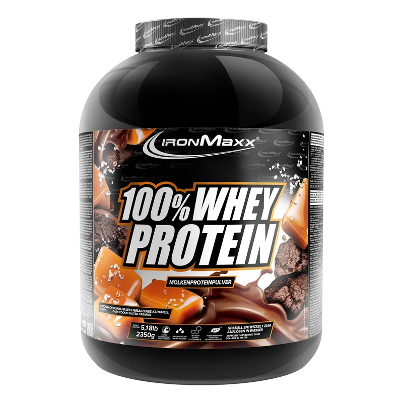 IronMaxx 100% Whey Protein Powder 2350g - Dark Cookie Salted Caramel | High Protein Shake with BCAAs & EAAs | Low Carb & Low Sugar Whey | Ideal for Muscle Gain, Diet & Fitness