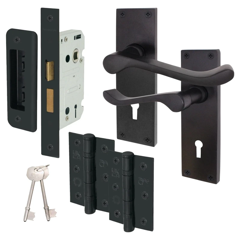 EAI Black Victorian Scroll Door Handle Set | Matt Black Internal Lever Lock Handles (76mm), Sash Lock (80mm) & Keys