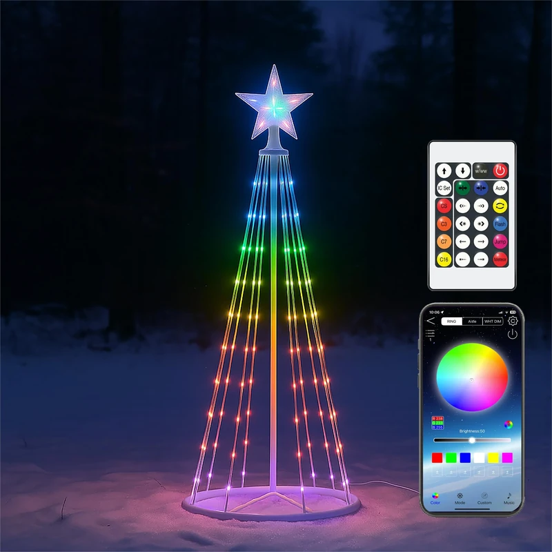 Xmas Haus 3D RGB LED 1.5m (5ft) Smart Christmas Tree with Star Top, Remote and App, Indoor or Out door Use, Ground Stakes USB Powered 2m Lead for Festive Christmas Decoration Lighting, Garden Decor