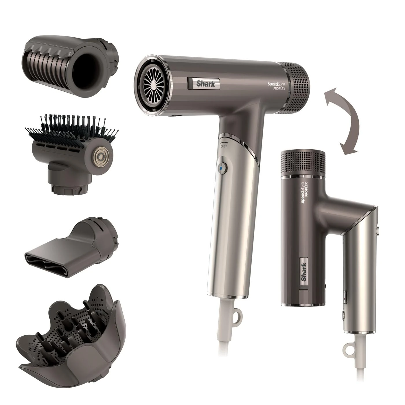 Shark SpeedStyle Pro FLEX Hair Dryer, High Performance High-Velocity Hair-Dryer w/ 4 Styling Attachments, Lightweight, Ionic, No Heat Damage, Folding Handle, For All Hair Types, Mocha Silver HD542UK