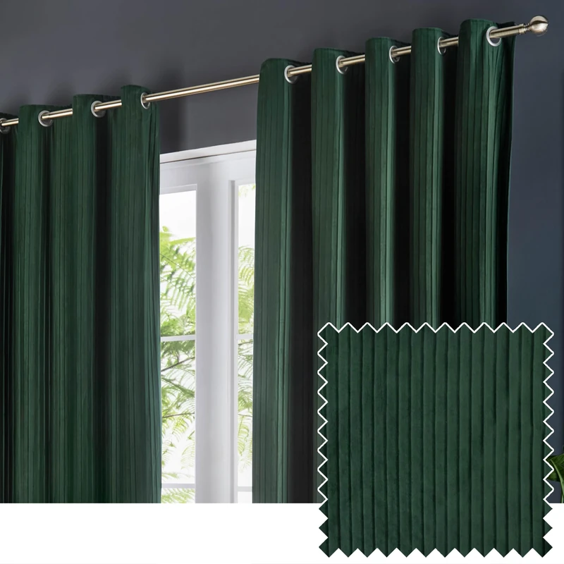 Paoletti Corinthian Velvet Eyelet Curtain Pair - Deep Green - 117x137cm