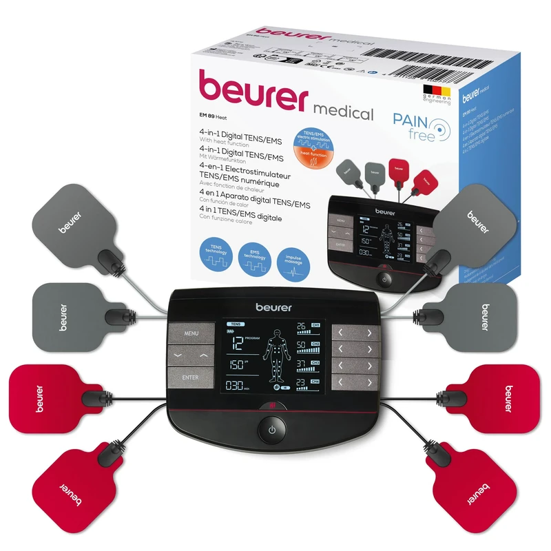 Beurer EM89 Digital TENS/EMS Device with Heat Function, 4-in-1 Function for Pain Therapy, Muscle Stimulation, Massage and Heat Therapy, 4 Separately Adjustable Channels, 8 electrodes & Battery