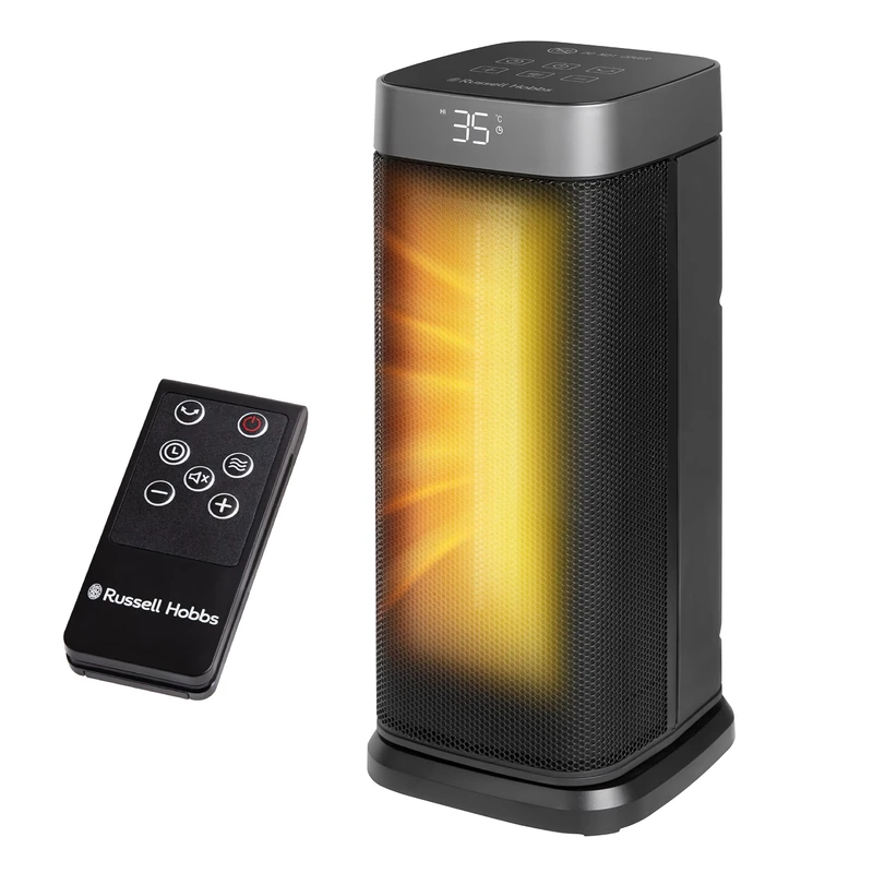 Russell Hobbs 14 Inch Space Portable Heater, 2000W Silent Oscillating Ceramic Electric Heater Black & Silver, Low Energy Digital Display, 5-Modes, 24hr Auto Timer, Overheat Protection, RHCTH2002S