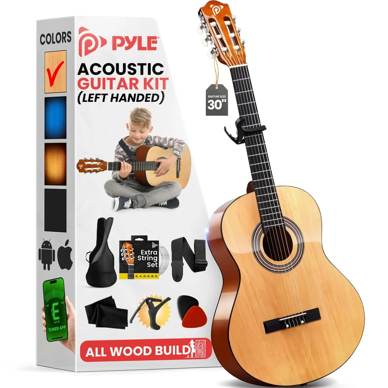 Pyle Left Handed Beginner Acoustic Guitar, Junior Size 76 cm, All Wood Build Nylon String with Capo Strap, Extra String Set, and Gig Bag Acoustic, For Kids Adults Youth Classical Kit Natural Gloss