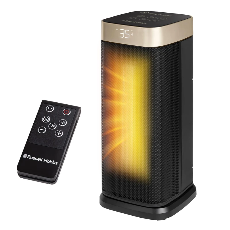 Russell Hobbs 14 Inch Space Portable Heater, 2000W Silent Oscillating Ceramic Electric Heater Black & Gold, Low Energy Digital Display, 5-Modes, 24hr Auto Timer, Overheat Protection, RHCTH2002G