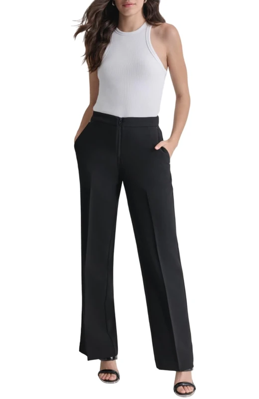 DKNY Women's Double Weave Wide Leg Trousers, Black, Size 38, Black, 12