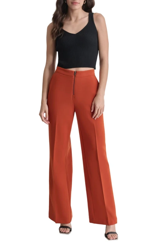 DKNY Women's Double Weave Wide Leg Trousers, Russet, Size 42, Russet, 16