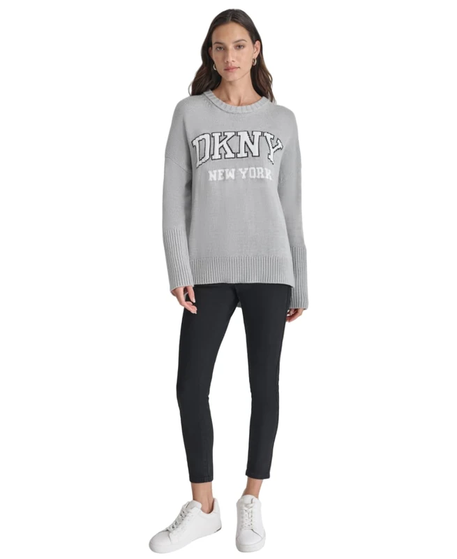 DKNY Women's Varsity Logo Intarsi Sweater, Pearl Grey Heater/Ivory, L
