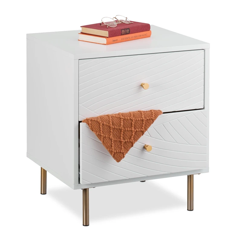 Relaxdays Bedside Table, 2 Drawers, Bedside Cabinet Bedroom, Side Table, HxWxD: 52 x 45 x 40 cm, White/Gold
