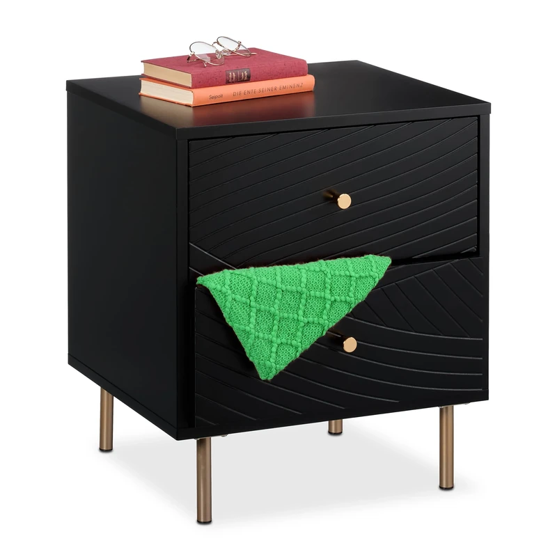 Relaxdays, 2 Drawers, Bedside Cabinet Bedroom, Side Table, HxWxD: 52 x 45 x 40 cm, Black/Gold, Fibreboard