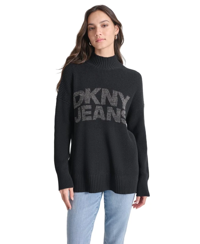 DKNY Women's Logo Printed Shaker Sweater, Black, M
