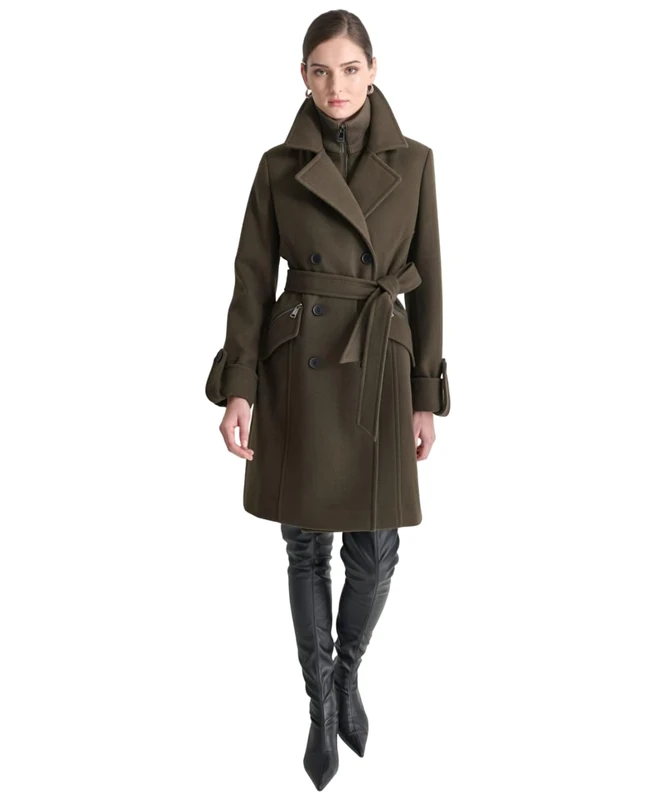 DKNY Women's Zip Front Belted Wrap Coat, Loden, L