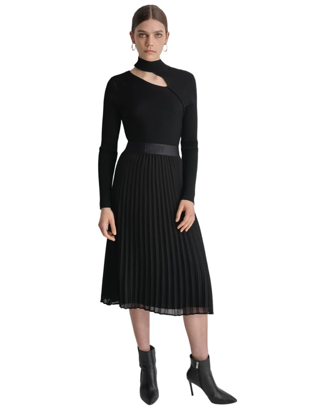 DKNY Women's Long Sleeves Cutout Mock Neck Shirt Pullover Sweater, Black, XXS