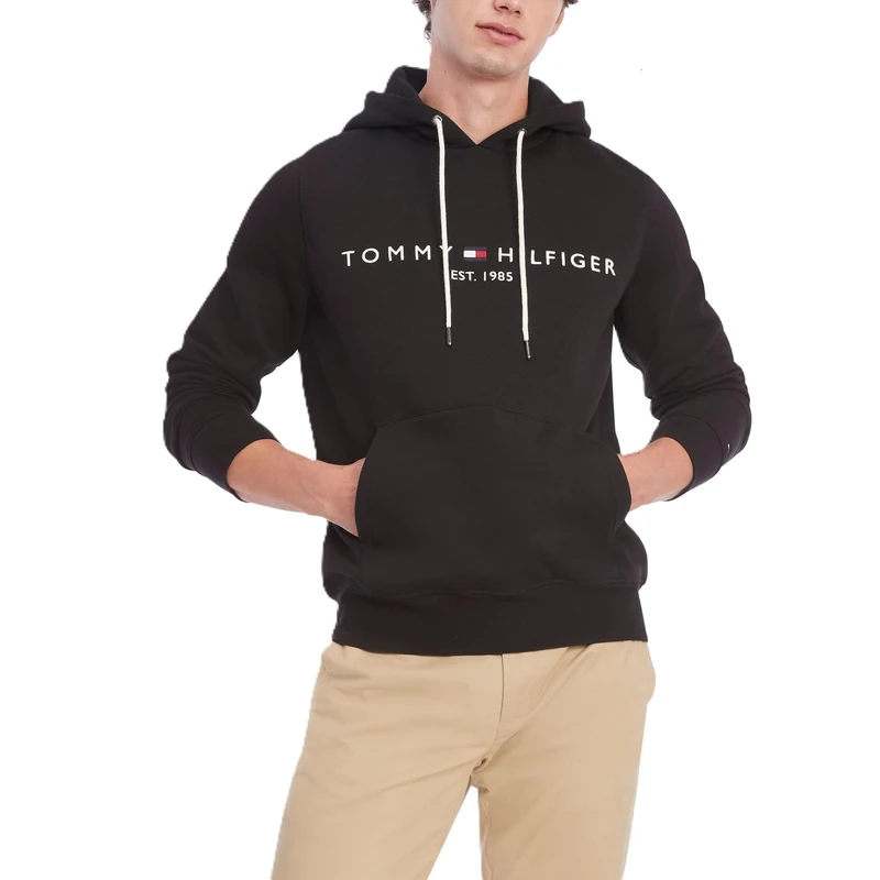 Tommy Hilfiger Men's Medium Weight Fleece Hoodie Sweatshirt with Embroidered Logo, Also Available in Big & Tall Hooded, Black, S