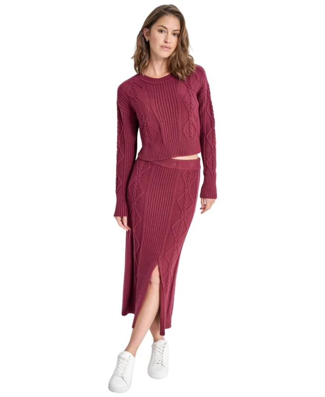 DKNY Women's Cropped Cable Long Sleeves, Burgundy, X-Small, Burgundy, XS