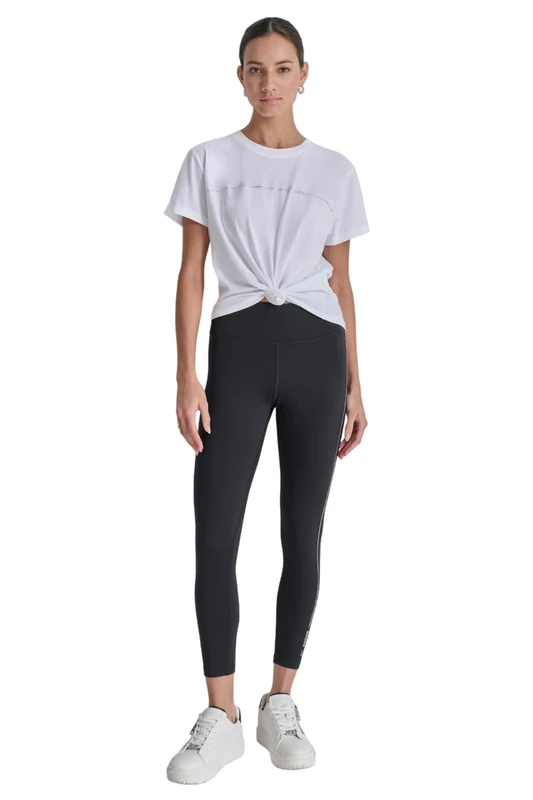 DKNY Women's High Waist 7/8 Rhynestone Logo Tight Leggings, Black, L