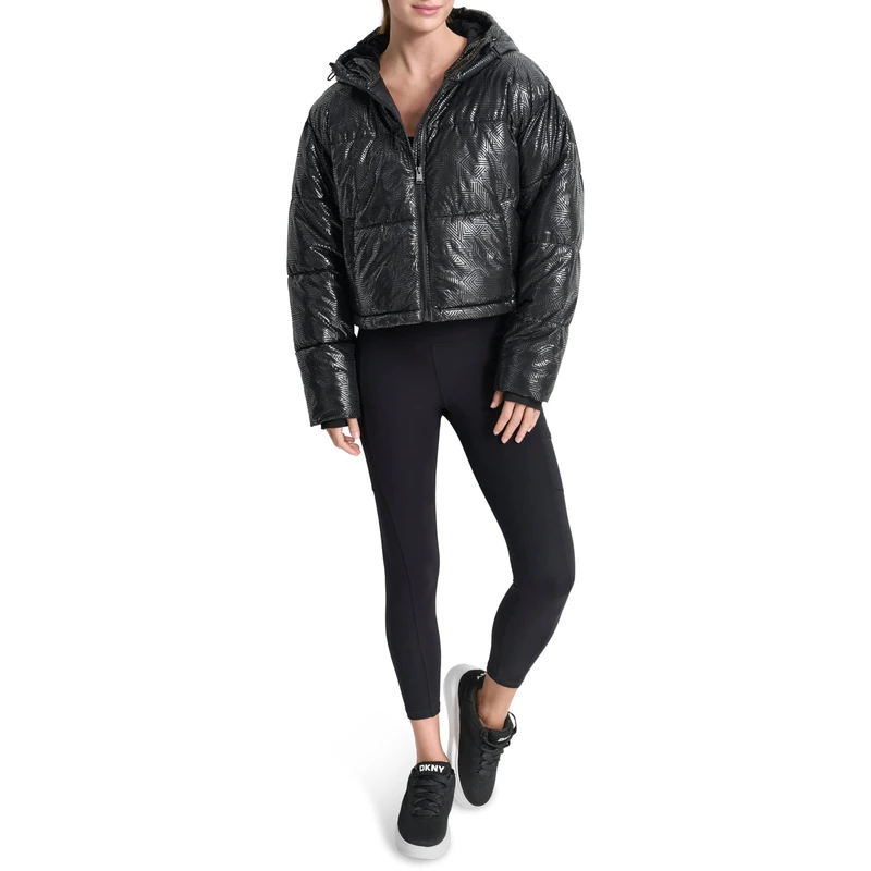 DKNY Women's Embossed Crosswalk Print Cropped Puffer Jacket, Black, S