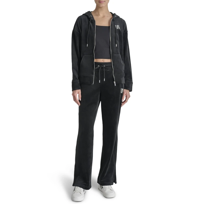 DKNY Women's Rhinestone Logo Full Zip Hoodie Jacket, black, S