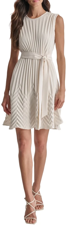 DKNY Women's Sleeveless Jewel Neck Front Dress, Eggshell, 14