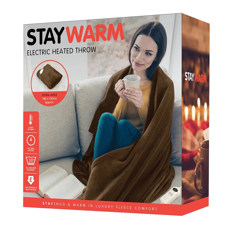 STAYWARM Heated Throw - Electric Comfort Blanket - Digital Controller - Timer up to 12 hours, 9 Heat Settings, Auto Shut off - Economical - Machine Washable - 180 x 130cm - Brown - F2851BR One Size - Image 1