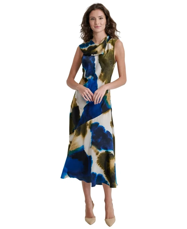 DKNY Women's Sleeveless Printed Tie Neck Dress, Exploded Ink Swirl, XXS