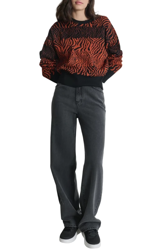 DKNY Women's Dolman Sleeve Tiger Print Pullover Sweater, Black/Russet, S